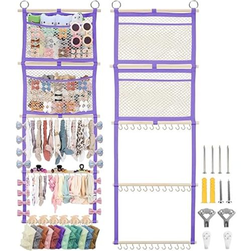 Hair Bow Organizer for Baby Girl, 17x50in Bow Holder Headband Organizer, Hair Clip Accessory Holder Wall Hanging Decor for Women Toddler Kids Room Nursery(Purple)