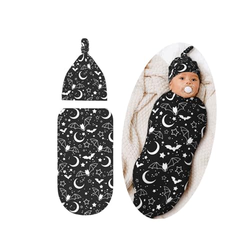 Halloween Goth Baby Stuff Swaddle Blanket Hat Set For Boys Girls, Soft Bat Moon Newborn Sleeping Sack Receiving Blanket Shower Gift