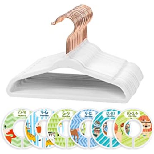 Rose Gold Baby Velvet Hangers 30 Pcs & 6 Closet Organizer Dividers, Non-Slip Kids Hangers, White