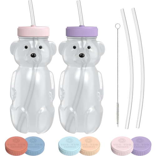 The 730 Project Honey Bear Straw Cup for Toddlers - 8oz, Therapy Set Baby Bottle, Pink & Purple, 2-Pack