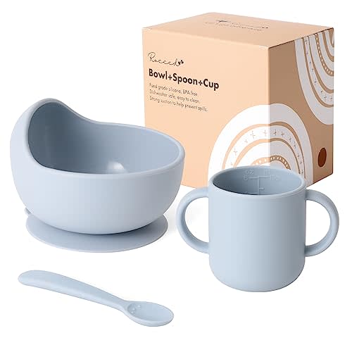 ROCCED Silicone Toddler Bowls, 3 Pack, Beige, Modern, BPA Free, Durable, Baby Feeding Set, Training Cups with Suction, Includes Spoons