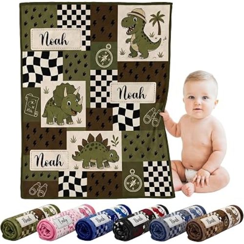 Personalized Baby Boy Blanket with Name, Custom Dinosaur Flannel Fleece Throw Blankets for Newborns & Toddlers, Safari T-Rex Nursery Decor, Unique for Boys
