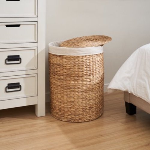 Round Tall Water Hyacinth Woven Wicker Laundry Hamper with Lid - 15" x 15" x 20" - Natural Brown
