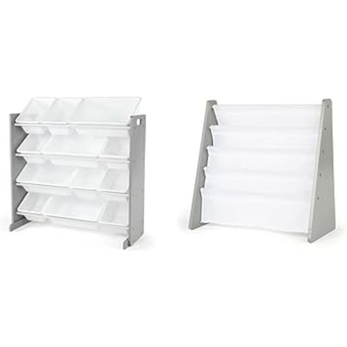 Humble Crew Kids Toy Organizer, Toddler, Grey/White & Crew Kids Book Rack Storage Bookshelf, Grey/White