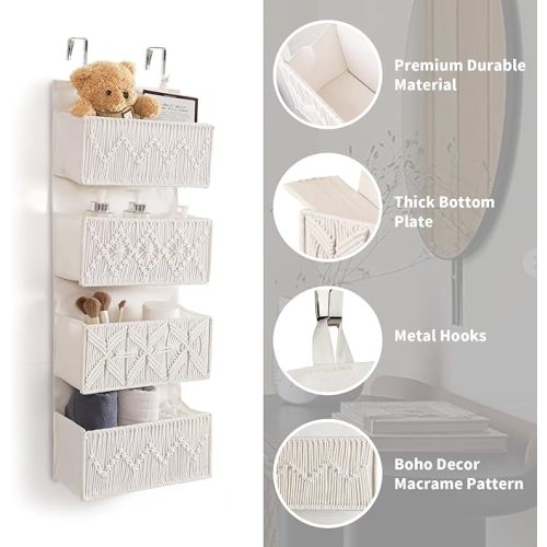 Over The Door Organizer Boho Decor Nursery Storage with 4 Large Woven Pockets