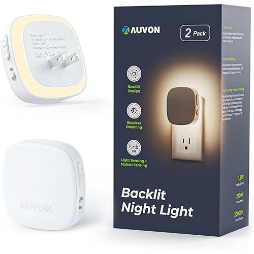 AUVON Plug-in LED Backlit Night Light with Motion Sensor & Dusk to Dawn Sensor, Dimmable Warm White Nightlight with 1-50 lm Adjustable Brightness for Bathroom, Bedroom, Hallway, Stairs (2 Pack)