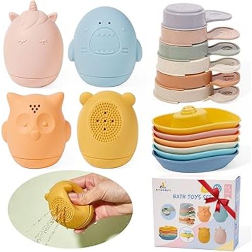 Baby Bath Toys 16 Pack Easy-Clean & Squeezable Silicone Bath Toys for Babies 6-12 Months Mold Free Bath Toys Toddlers 2-4 Bathtub Water Pool Toys