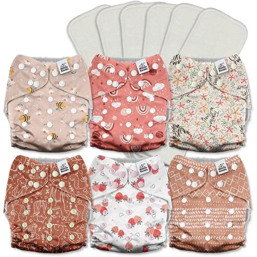 Mama Koala 3.0 Cloth Diapers for Babies with AWJ Lining, 6 Pack with 6 5-Layer Natural Cloth Diaper Inserts - Reusable and Washable Pocket Diapers(A-Pink Memories)