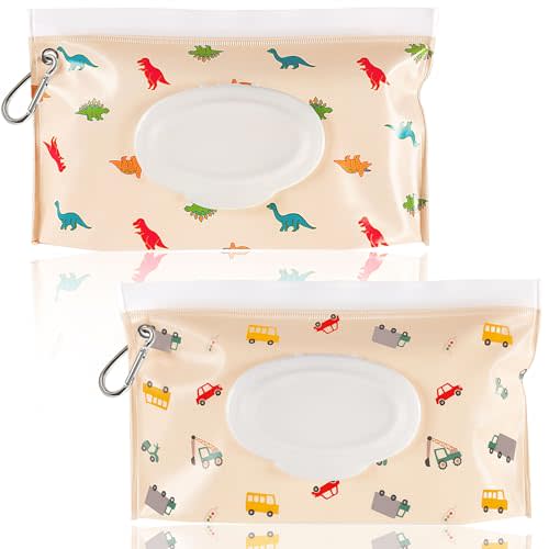 FEBSNOW 2 Pack Baby Wipes Dispenser, Portable Refillable Wipe Holder Baby Wipes Container Travel Wipes Case Reusable Wet Wipes Pouch (Dinosaur, Car)