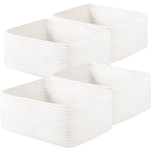 OIAHOMY 4 Pack 14.17*11.02*6.3IN Storage Baskets for Organizing Shelves, Woven Rope Baskets for Organizing Books, Clothes, Decorative Basket for Living Room, Nursery, Bedroom, Gift Basket, White