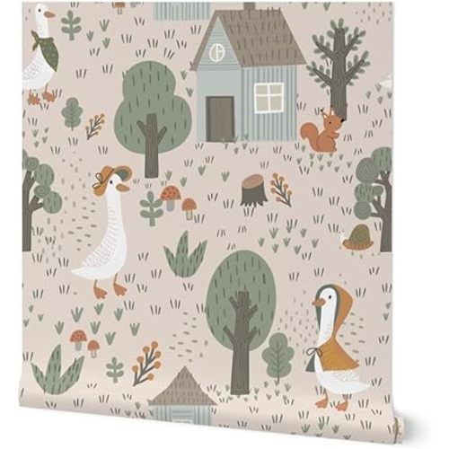 Peel & Stick Wallpaper 12ft x 2ft - Whimsical Nursery Scandi Farmhouse Cottagecore Baby Kids Goose Farm Animals Trees Mushroom Nature Custom Removable Wallpaper by Spoonflower