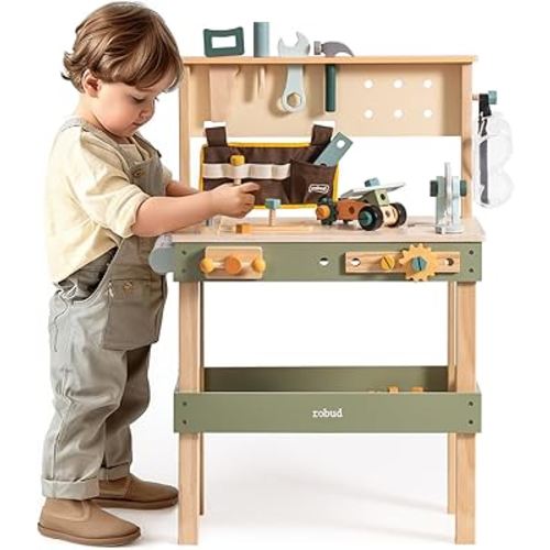 ROBUD Toddler Pretend Play Kids Workbench - Wooden Construction Toy with Tool Belt, Goggles, and Accessories for Creative Assembly - Suitable for Children Age 3+