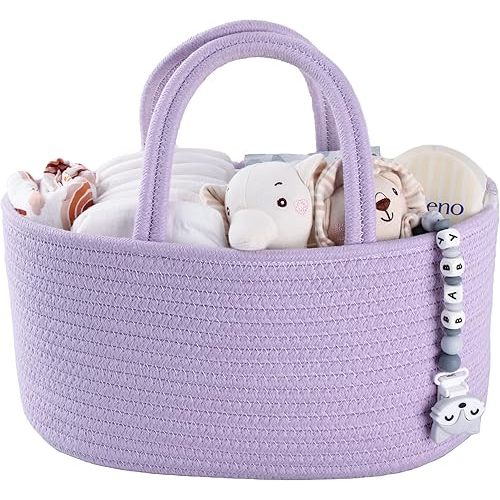 Baby Diaper Caddy Organizer Cotton Rope Nursery Storage Bin Basket Portable Holder Tote Bag for Changing Table Car Travel Baby Shower Gifts Newborn Essentials Registry Must Have Purple or Lavender