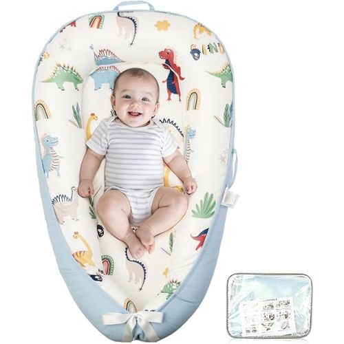 Baby Lounger - Baby Nest for Newborn, Breathable & Soft Organic Cotton Lounger, Portable Baby Lounger for Home & Travel, Ideal Newborn Essentials, Blue Dinosaur
