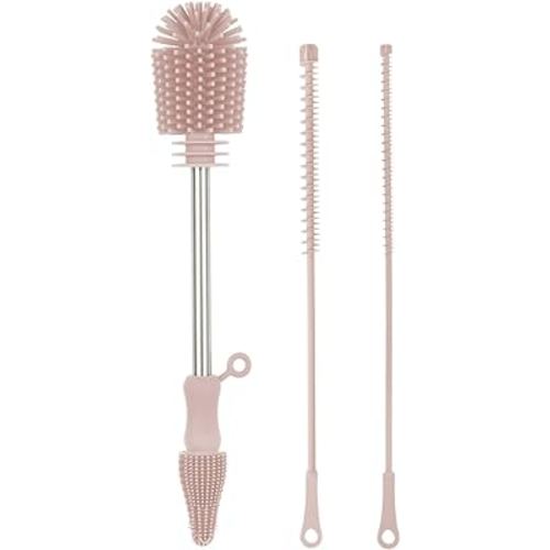 haakaa Silicone Cleaning Brush Kit-Baby Bottle Brush Scrubber for Breast Pump,Nipple,Breastmilk Storage Bag,Reusable Straws,Sippy Cup-Soft Food Grade Silicone Bristle,Portable - Blush