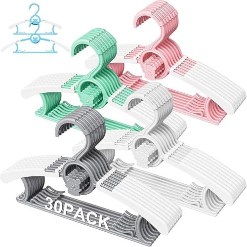 30 Pack Kids Hangers for Nursery Closet, Adjustable Non-Slip Toddler Baby Hangers with Windproof Buckle, 11-14" Infant Child Plastic Clothes Pant Hanger for Boys Girls Newborn Adult, White