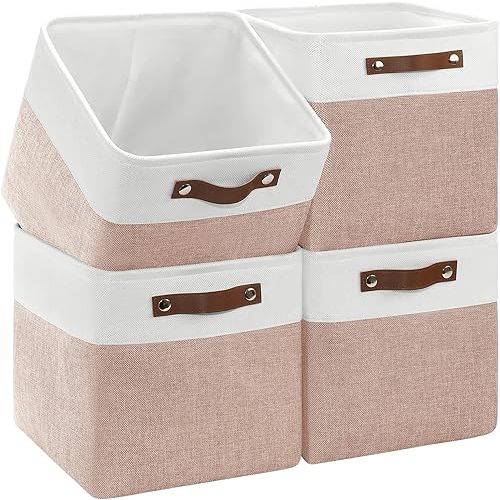 Collapsible Fabric Cube Storage Bins 11x11×11, Pack of 4 Closet Basket Boxes with PU Handles for Organizing Shelves, Toys, Clothes, Home, Office (White & Pink)