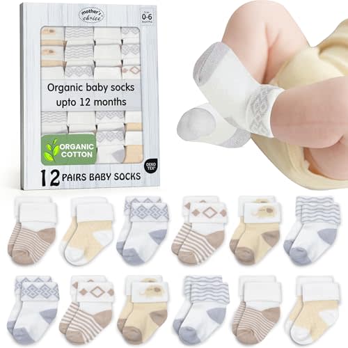 Mother's Choice Baby Socks 0-6 Months 12 Pairs Organic Cotton Blend Newborn Socks for Girls & Boys Stay-On Stretch Infant Socks OEKO-TEX Certified Baby Gift