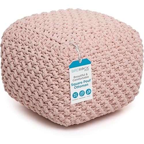 BIRDROCK HOME Square Pouf Ottoman | Cotton Braided Foot Stool with Bean Bag Filling | Boho Foot Rest for Living Room, Bedroom | Compact & Comfortable Seating, Lightweight & Sturdy | Dusty Rose