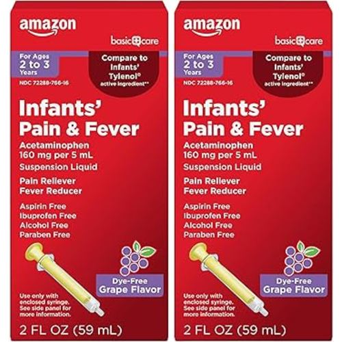 Amazon Basic Care Infants' Pain & Fever, Acetaminophen 160 mg per 5 mL, Suspension Liquid, Dye-Free Grape Flavor, 2 fl oz (Pack of 2)