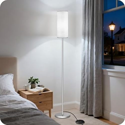 Dimmable Floor Lamps for Living Room with Remote and Foot Switch, 64.4” Modern Standing Tall Lamp, Corner Lamp for Office, Bulb Included, 3000K-6500K, Silver and Off-White SW06LD05W1