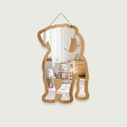 Cute Dog Patterned Silver Natural Wood Framed Acrylic to Hanging Wall Mirror Decorative Stickers Baby Kids Teen Room Nursery Bathroom Bedroom Livingroom Decoration