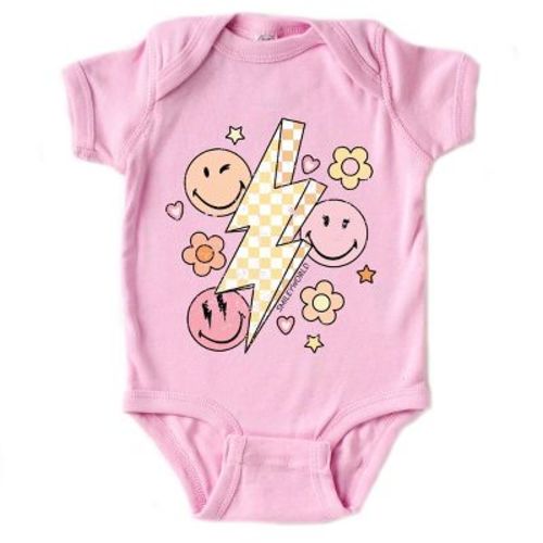 The Juniper Shop SmileyWorld Checkered Lightning Floral Baby Short Sleeve Bodysuit