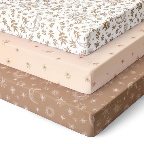 Unnivoll Pack and Play Sheets Fitted 3 Pack, Mini Crib Sheets for Pack N Play Mattress Stretchy Portable Playard Sheets, Soft Breathable White Brown Sun God