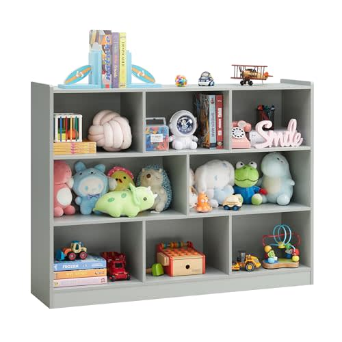 3-Tier Bookshelf, 8-Section Wooden Bookcase, Storage Organizer with Anti-Tilt Device, Modern Storage Display Cabinet for Living Room, Classroom, Kid’s Room (Grey)