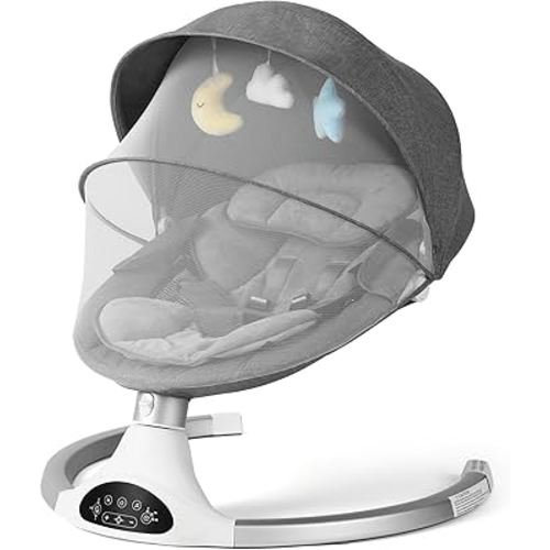 Baby Swing for Infants, Baby Rocker with 5 Point Harness, Bluetooth Support, 10 Preset Lullabies and 3 Speeds with Remote Control, Infant Swing for Baby Boy Girl Up to 20 lbs, Grey