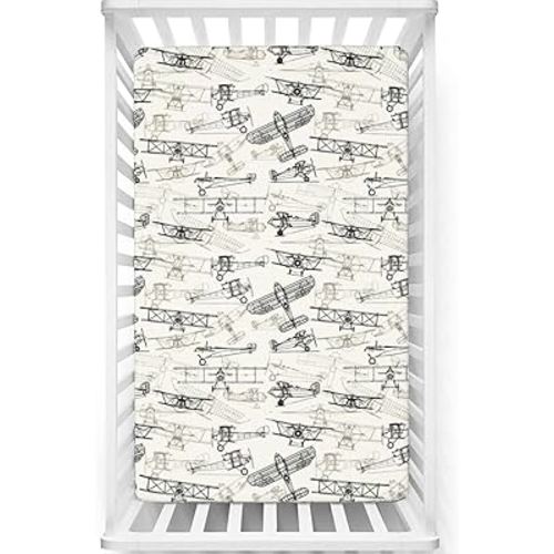 Airplane Themed Fitted Crib Sheet,Standard Crib Mattress Fitted Sheet Soft & Stretchy Fitted Crib Sheet-Baby Sheet for Boys Girls, 28“ x52“,Olive Green Tan Charcoal Grey