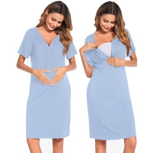 Ekouaer Nursing Nightgown Striped Women Short Sleeve Breastfeeding Sleep Dress Maternity Delivery/Labor Gown