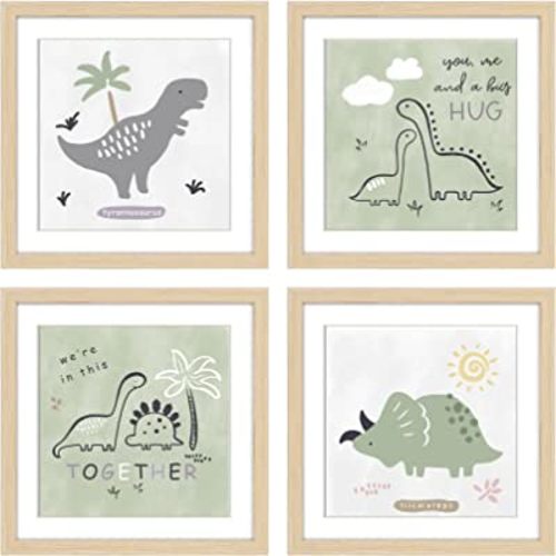 ArtbyHannah 4 Pack 10x10 Inch Framed Baby Nursery Wall Art Decor with Green and Gray Decorative Adorable Dinosaurs Art Prints for Kids Bedroom, Playroom, Nursery Room Decoration