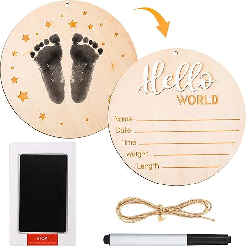 Baby Announcement Sign Set, 5.9in Wooden Newborn Sign with Ink Pad for Hand & Footprints Hello Birth Announcement Plaque Gift for New Parents Nursery Photo Prop Baby Shower (White)