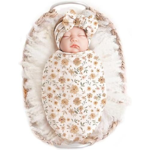 Konssy Baby Girl Newborn Receiving Blanket with Headband Set Baby Swaddle Nursery Swaddle Wrap