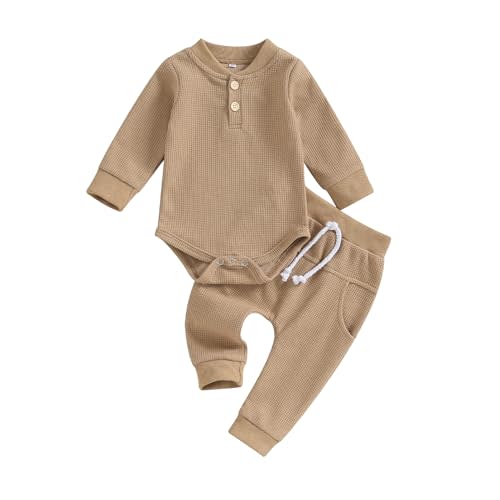 Kuriozud Newborn Baby Boy Clothes Button Long Sleeve Romper Bodysuit Pants Set Infant Soft Waffle Fall Winter Outfit