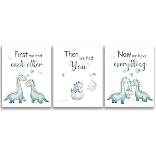 SUUURA-OO Cute Baby Dinosaur Watercolor Art Print poster, Set of 3 (8”X10”) Balloon Dinosaur Family Love Quote Wall Art Poster, Living Room Bedroom Home Decor Nursery Art Printing,Unframed (boy)