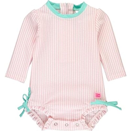 RuffleButts 6-12m Baby/Toddler Girls Seersucker Long Sleeve One Piece Rash Guard Swimsuit with UPF 50+ Sun Protection