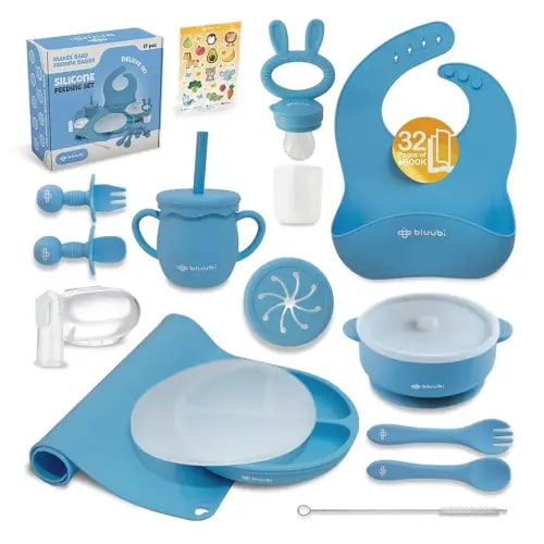 Silicone Baby Feeding Set - Infant Tableware for First Foods & Baby, Led Weaning (0+ Months), Easy to Clean, Durable, Perfect for Baby Boy or Girl, Solid Feeding - Blue - Deluxe
