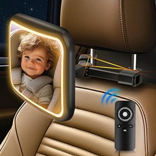 Baby Car Mirror with Light - Car Seat Mirror for Baby Rear Facing with Adjustable Holder, Remote Control, 360° Rotation ShatterProof Back Seat Mirror for Baby
