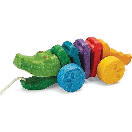PlanToys® Rainbow Dancing Alligator Pull Toy for Toddlers | Eco-Friendly Wooden Toy with Click-Clack Sound | Walking Toy for Babies