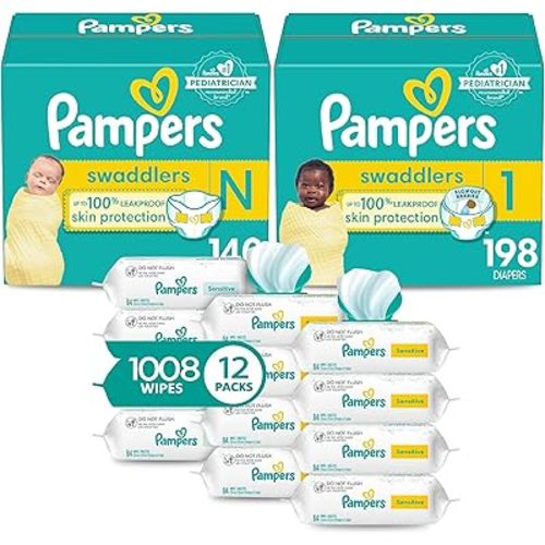Pampers Swaddlers Disposable Baby Diapers, Newborn/Size 0, 140 Count and Swaddlers Disposable Baby Diapers, Size 1 (8-14 lbs), 198 Count