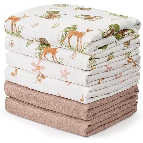 GLLQUEN BABY Receiving Blanket Boy Cotton Muslin Swaddle Blankets Girl Newborn Squares Breathable & Soft Thin Baby Blankets Cloths Double Absorbent Infant Swaddling Wrap - 6 Pack (Deer & Soft Light)