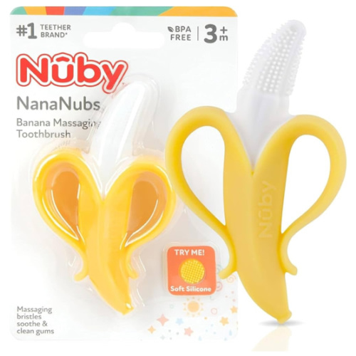 Nuby Nananubs Banana Massaging Teether – Baby Teething Toys 3 Months and Up, Silicone Teether for Sore Gums, Infant Toy, Baby Essentials, Brush, Travel Accessory, Gift for Babies