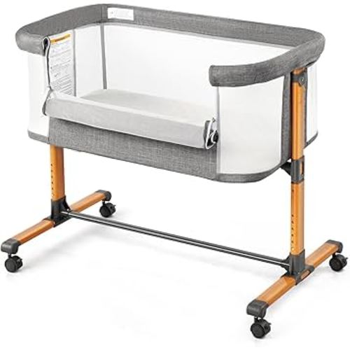 Ktaxon Baby Bassinet Bedside Bassinet, Baby Cradle with Machine-Washable Sheets, Four-Sided Breathable Mesh, 6 Height Adjustable, 360°Swivel Wheel with Brake, Elegant Wood Grain Leg