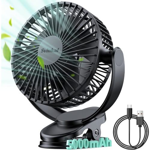 USB Personal Clip on Fan 5000mAh Battery Operated 6in, Type C, 3 Speed, 720° adjustment, Small Portable Fan for Table, Bedroom, Desk, dormitory, Camping, Stroller, Golf Cart