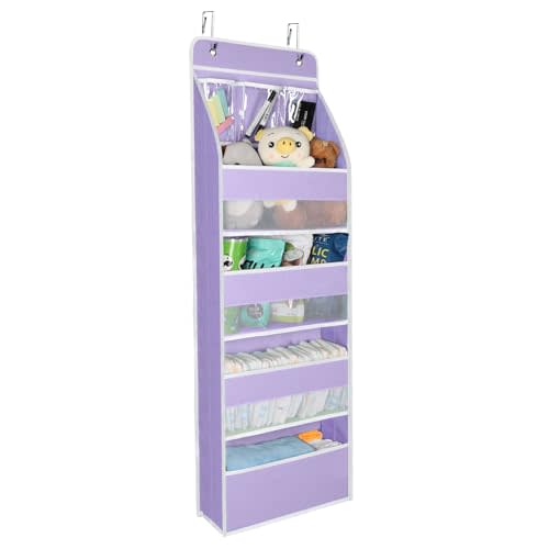 Univivi Door Storage Organizer Nursery Over the Door Organizer Baby Storage with 4 Large Pockets and 3 Small PVC Pockets for Cosmetics, Toys and Sundries (Purple)