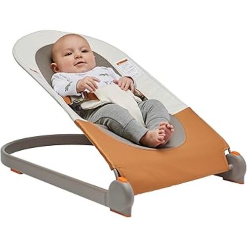 Boon Slant Portable Baby Bouncer - Folding Baby Seat for Infants - Lightweight Portable Baby Chair with Machine Washable Fabric and 3-Point Harness - Tan