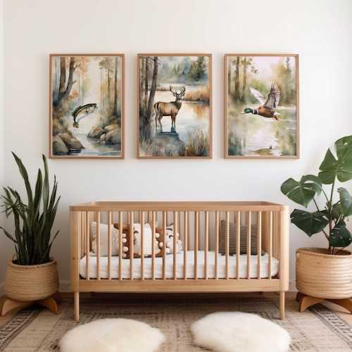 Watercolor Duck, Deer & Fish Nursery Prints: Forest Animals, Set of 3