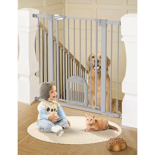 Babelio 36" Tall Upgraded Baby Gate with Cat Door,29-43" Auto Close Durable Dog Gate for Stairs,Doorways and House,Easy Walk Thru,Includes 4 Wall Cups,Gray